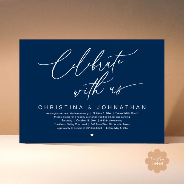 Convites Celebrar Com O Partido Janto Do Elopemento De Casa (Celebrate With Us Romantic Wedding Elopement Dinner Brunch Lunch Party Invites Card PDF Navy Blue)