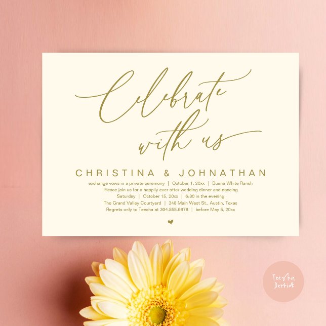 Convites Celebrar Com O Partido Janto Do Elopemento De Casa (Celebrate With Us Romantic Wedding Elopement Dinner Brunch Lunch Party Invites Card PDF Yellow Gold)
