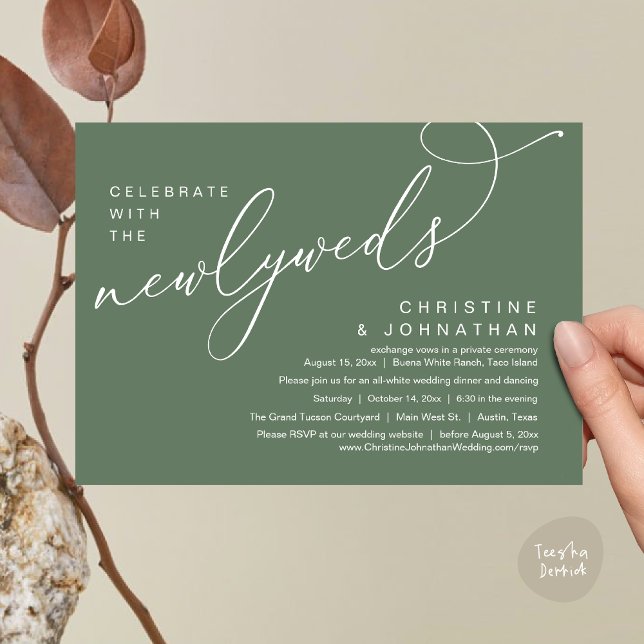 Convites Celebrar com os Newlyweds, Casamento Romântico (Celebrate with the Newlyweds, Modern Romantic Wedding Dinner Party Invitation Card PDF Sage Green )