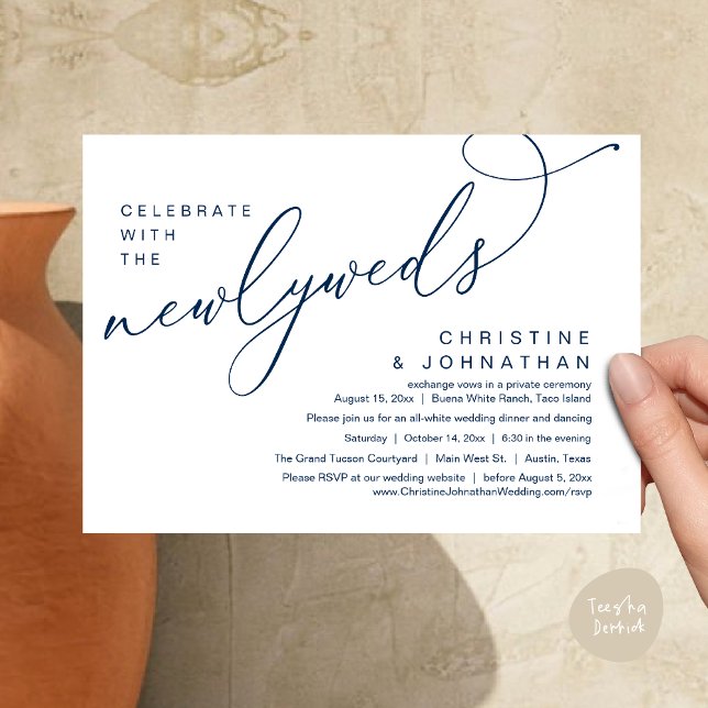 Convites Celebrar com os Newlyweds, Casamento Romântico (Celebrate with the Newlyweds, Modern Romantic Wedding Dinner Party Invitation Card PDF Navy Blue)
