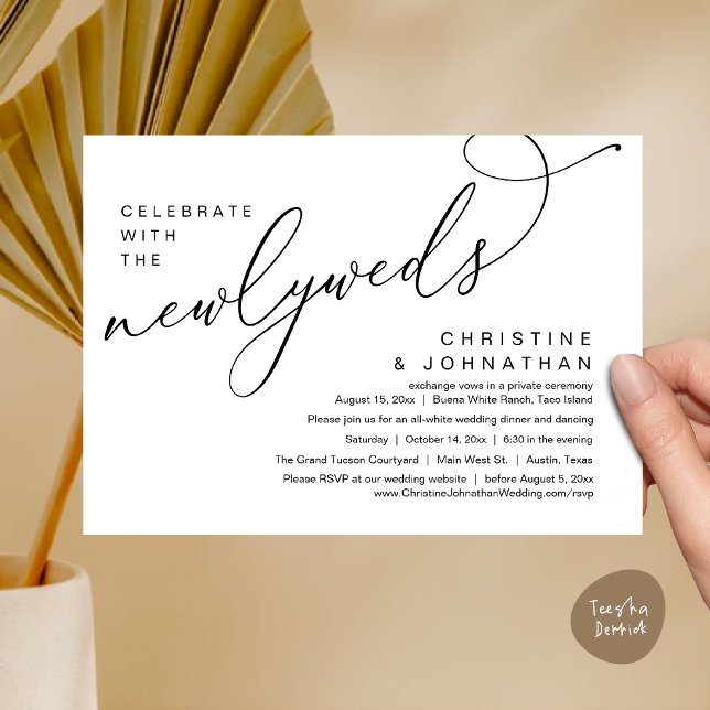 Convites Celebrar com os Newlyweds, Casamento Romântico (Celebrate with the Newlyweds, Modern Romantic Wedding Dinner Party Invitation Card PDF White Black)