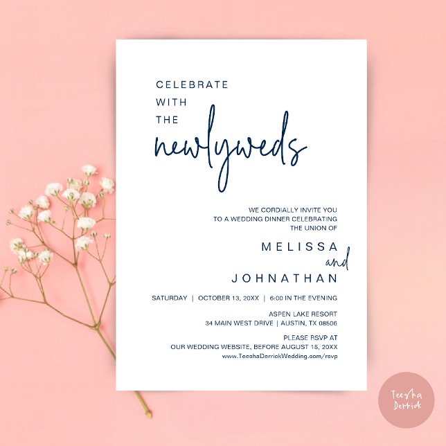 Convites Celebrar Com Os Novos Casos, Janto De Casamento (Celebrate With The Newlyweds, Wedding Dinner Dancing Invitation Card, PDF, in Navy Blue)