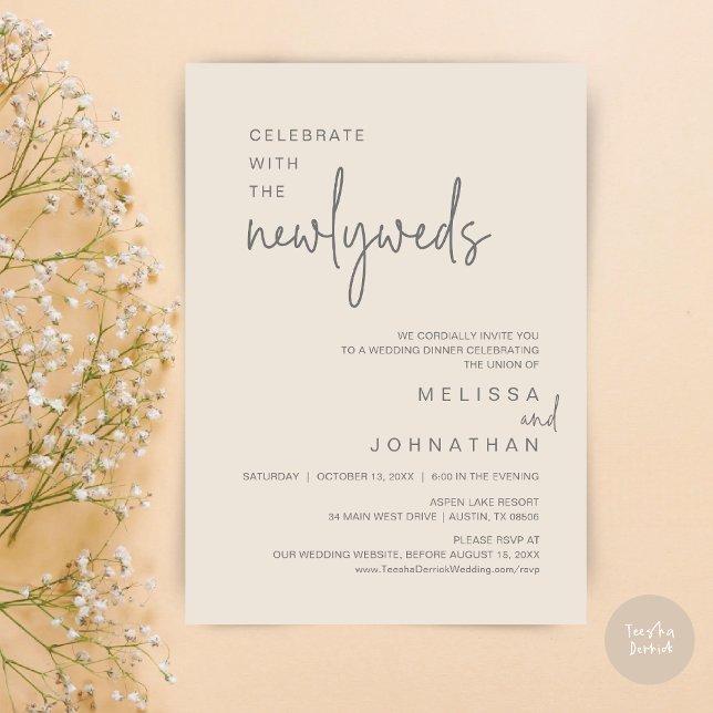 Convites Celebrar Com Os Novos Casos, Janto De Casamento (Celebrate With The Newlyweds, Wedding Dinner Dancing Invitation Card, PDF, in Cream and Dark Grey)