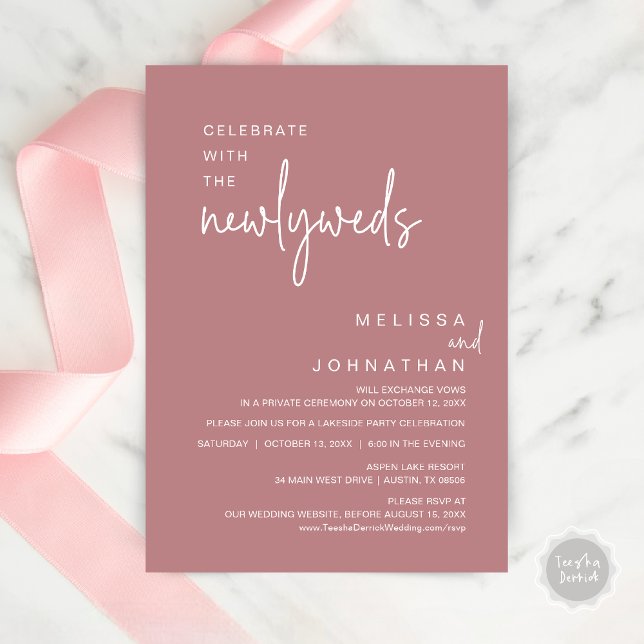 Convites Celebrar Com Os Novos Casos, Janto De Casamento (Celebrate with the newlyweds, Modern wedding elopement dinner invitation card, PDF, in dusty rose)