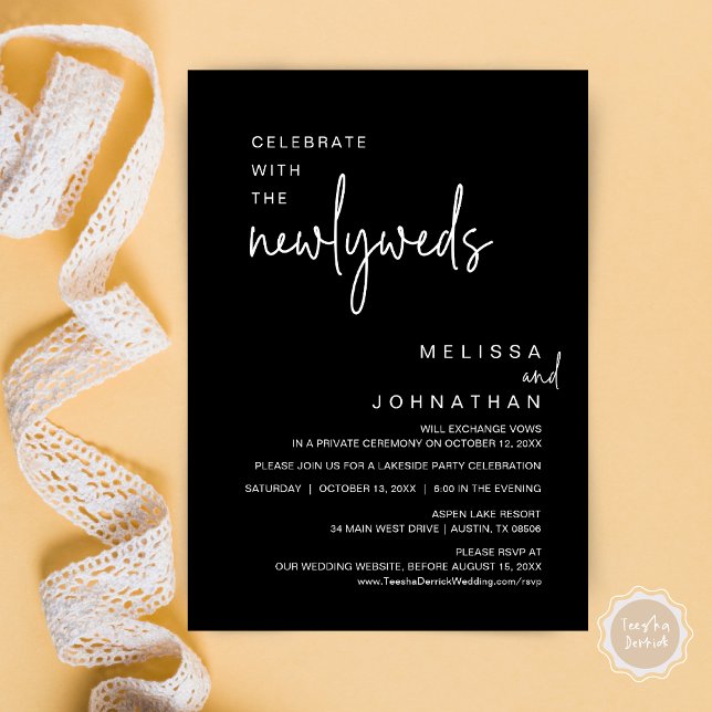 Convites Celebrar Com Os Novos Casos, Janto De Casamento (Celebrate with the newlyweds, Modern wedding elopement dinner invitation card, PDF, in elegant black)