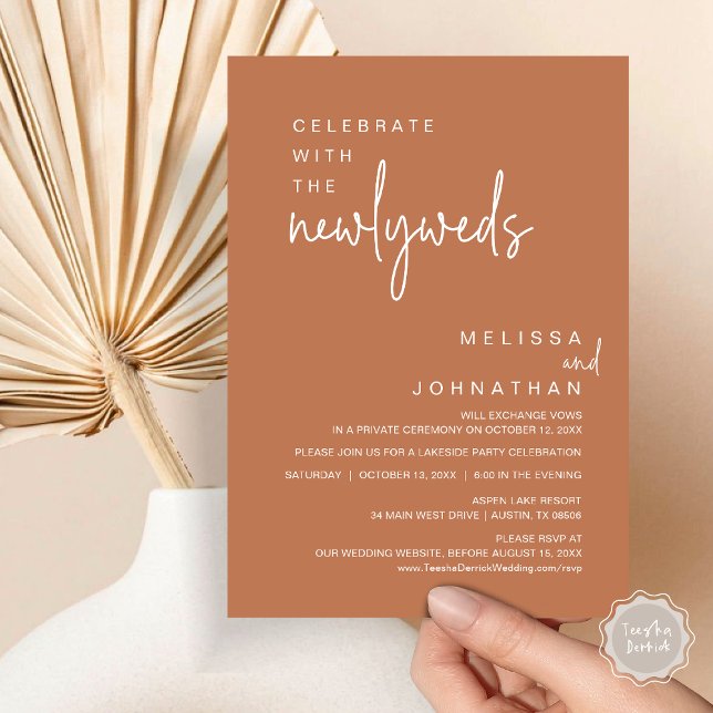 Convites Celebrar Com Os Recém-Casados, Festa de casamento (Celebrate With The Newlyweds, Modern Wedding Party Invitation Card, PDF, in Copper Terracotta)