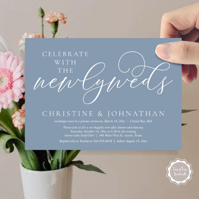 Convites Celebrar com os recém-casados, Janto Casamento (Celebrate with the newlyweds, Wedding Dinner Invitation Card, PDF, Modern Romantic in Dusty Blue)
