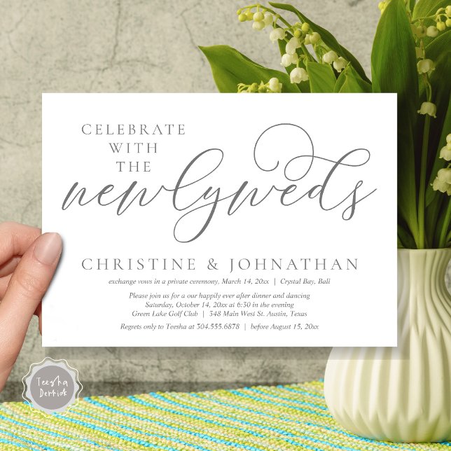 Convites Celebrar com os recém-casados, Janto Casamento (Celebrate with the newlyweds, Wedding Dinner Invitation Card, PDF, Modern Romantic in Dark Grey)