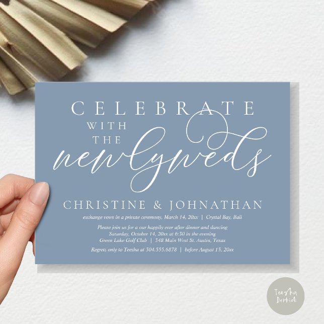 Convites Celebrar com os recém-casados, Janto Casamento (Celebrate with the newlyweds, Wedding Dinner Invitation Card, PDF, Modern Romantic in Dusty Blue)