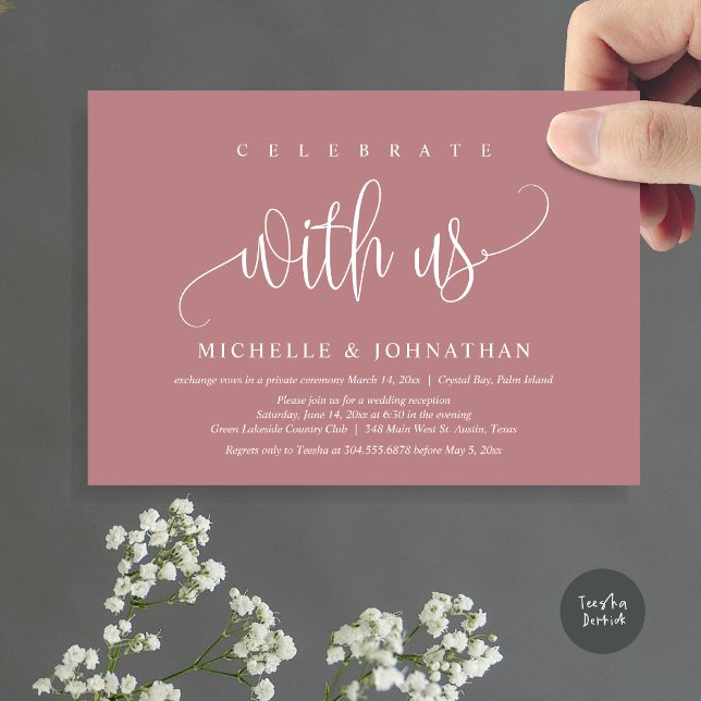 Convites Celebrar Conosco, Celebração Do Elopemento De Casa (Celebrate with us, Modern Wedding Elopement Dinner Party Invitation Card, PDF, in dusty rose pink)
