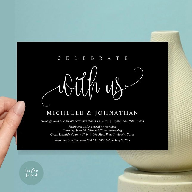 Convites Celebrar Conosco, Celebração Do Elopemento De Casa (Celebrate with us, Modern Wedding Elopement Dinner Party Invitation Card, PDF, in elegant black)