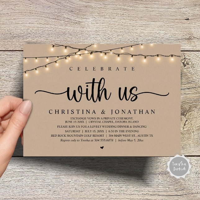 Convites Celebrar conosco, Elopemento Jante de Casamento Ru (Celebrate with us, Rustic Wedding Dinner Elopement Invitation Card, PDF, String Lights Brown Kraft)