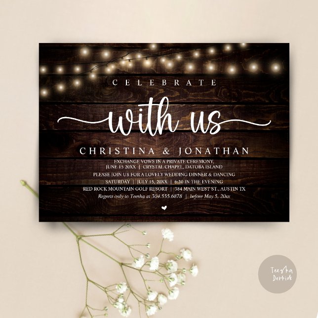 Convites Celebrar conosco, Elopemento Jante de Casamento Ru (Celebrate with us, Rustic Wedding Dinner Elopement Invitation card, pdf, in cottage dark wood)