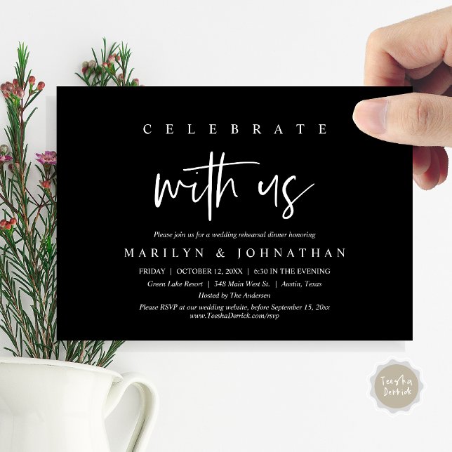 Convites Celebrar Conosco, Festa de Ensaio De Casamento (Celebrate with us, Wedding Rehearsal Dinner Party Invitation Card, PDF, Modern Casual, Classy Black)