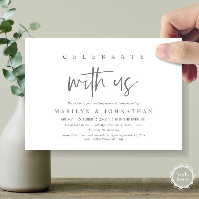 Convites Celebrar Conosco, Festa de Ensaio De Casamento (Celebrate with us, Wedding Rehearsal Dinner Party Invitation Card, PDF, Modern Casual, Dark Grey)