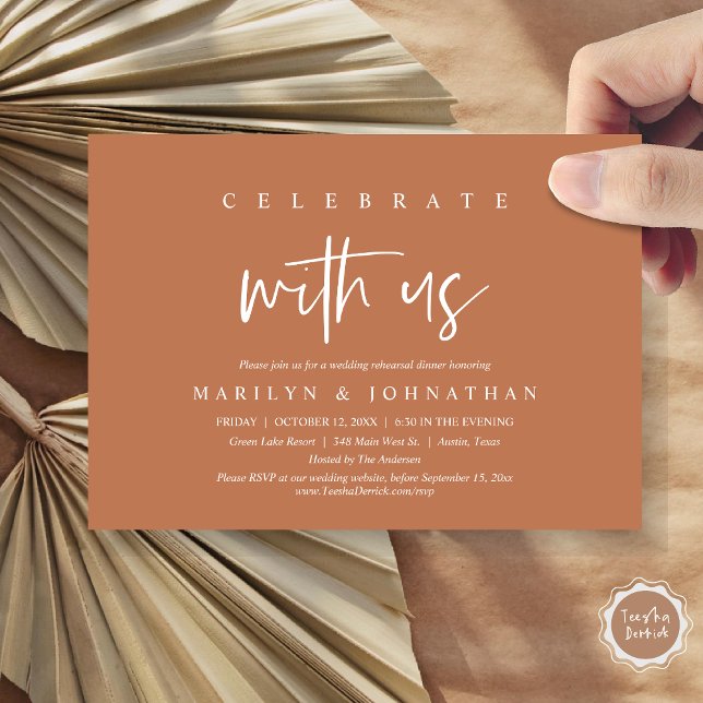 Convites Celebrar Conosco, Festa de Ensaio De Casamento (Celebrate with us, Wedding Rehearsal Dinner Party Invitation Card, PDF, Modern Casual, Copper Rust)