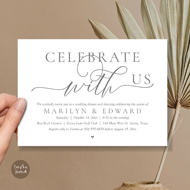 Convites Celebrar conosco, Janto de Elopemento de Casamento (Celebrate with us, Modern Romantic Wedding Elopement Dinner Invitation Card, PDF, in Dark Grey)