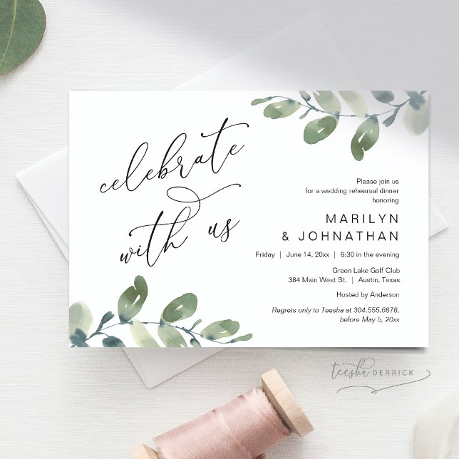 Convites Celebrar conosco, Janto de ensaio de casamento (Celebrate with us, Wedding Rehearsal Dinner Invitation Card, Downloadable, Greenery Eucalyptus theme)