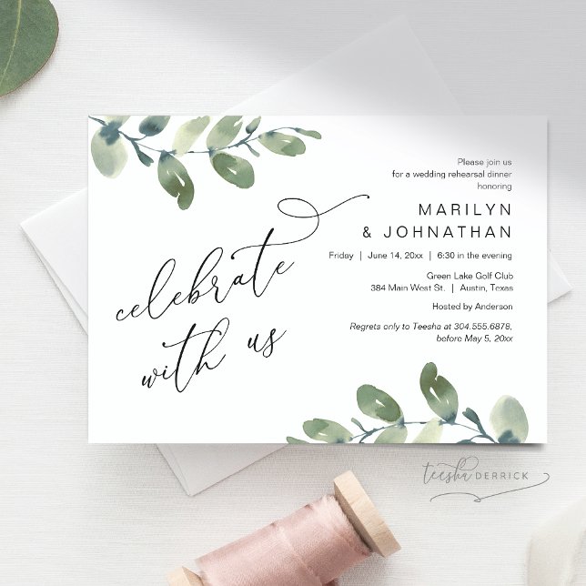 Convites Celebrar conosco, Janto de ensaio de casamento (Celebrate with us, Wedding Rehearsal Dinner Invitation Card, Downloadable, Greenery Eucalyptus theme)