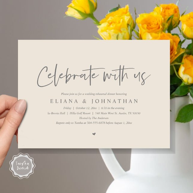 Convites Celebrar conosco, Janto de ensaio de casamento (Celebrate with us, Wedding Rehearsal Dinner Party Invitation Card, PDF, Modern Casual, in Grey Cream)
