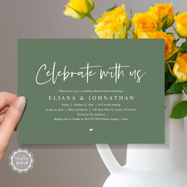 Convites Celebrar conosco, Janto de ensaio de casamento (Celebrate with us, Wedding Rehearsal Dinner Party Invitation Card, PDF, Modern, Forest Sage Green)