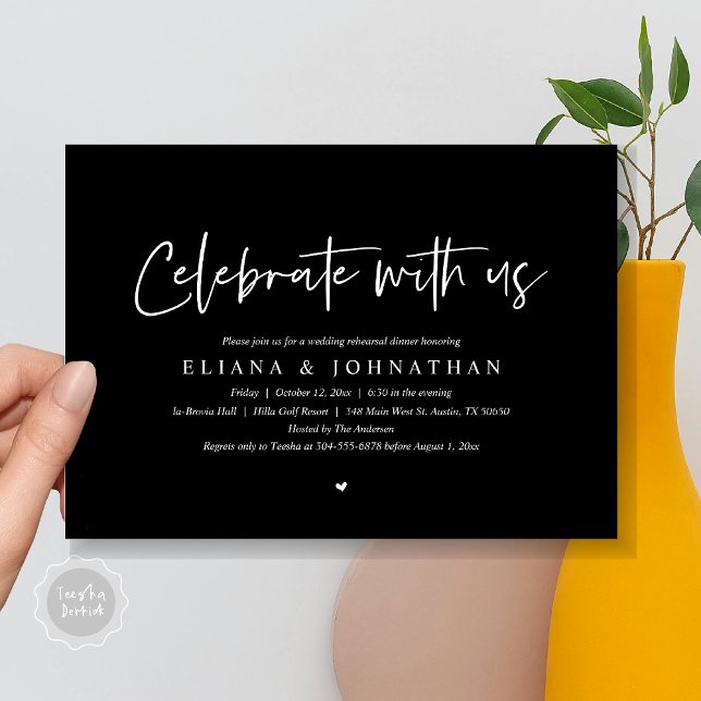 Convites Celebrar conosco, Janto de ensaio de casamento (Celebrate with us, Wedding Rehearsal Dinner Party Invitation Card, PDF, Modern Casual, in Black)