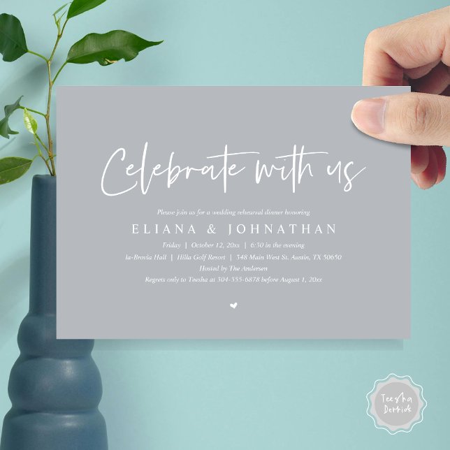 Convites Celebrar conosco, Janto de ensaio de casamento (Celebrate with us, Wedding Rehearsal Dinner Party Invitation Card, PDF, Modern Casual, in Chill Grey)