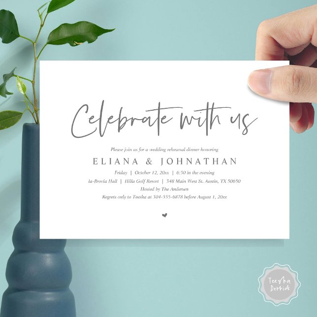 Convites Celebrar conosco, Janto de ensaio de casamento (Celebrate with us, Wedding Rehearsal Dinner Party Invitation Card, PDF, Modern Casual, in Dark Grey)