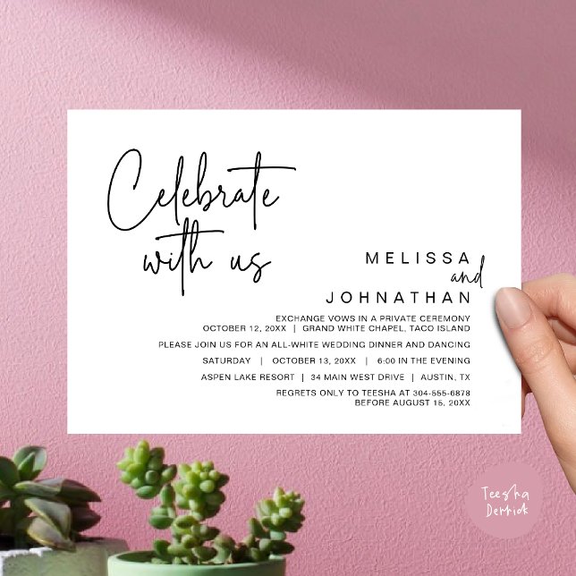 Convites Celebrar conosco, Janto Moderno de Elopemento de C (Celebrate with us, Modern Wedding Elopement Dinner Invitation Card, Brunch, Lunch PDF, White Black)
