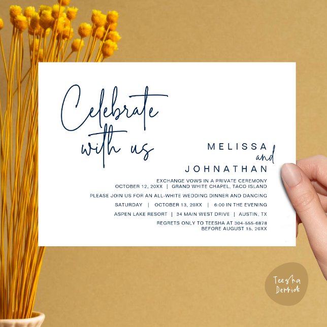 Convites Celebrar conosco, Janto Moderno de Elopemento de C (Celebrate with us, Modern Wedding Elopement Dinner Invitation Card, Brunch, Lunch PDF, Navy Blue)
