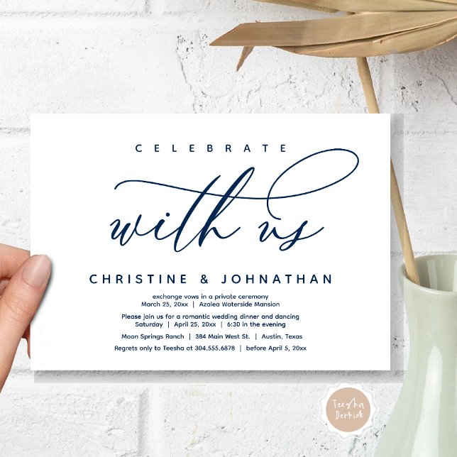 Convites Celebrar conosco, Janto Moderno de Elopemento de C (Celebrate with us, Modern Wedding Elopement Dinner Invitation Card, PDF, Modern Romantic Navy Blue)