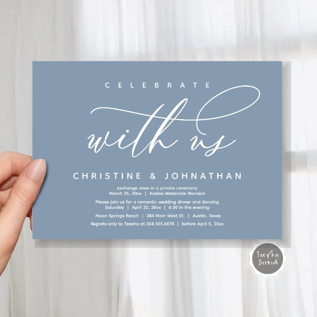 Convites Celebrar conosco, Janto Moderno de Elopemento de C (Celebrate with us, Modern Wedding Elopement Dinner Invitation Card, PDF, Modern Romantic Dusty Blue)