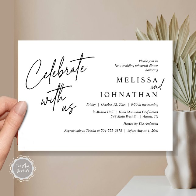 Convites Celebrar conosco, Janto moderno de ensaio de casam (Celebrate with us, Modern Wedding Rehearsal Dinner Invitation Card, PDF, in Black White)