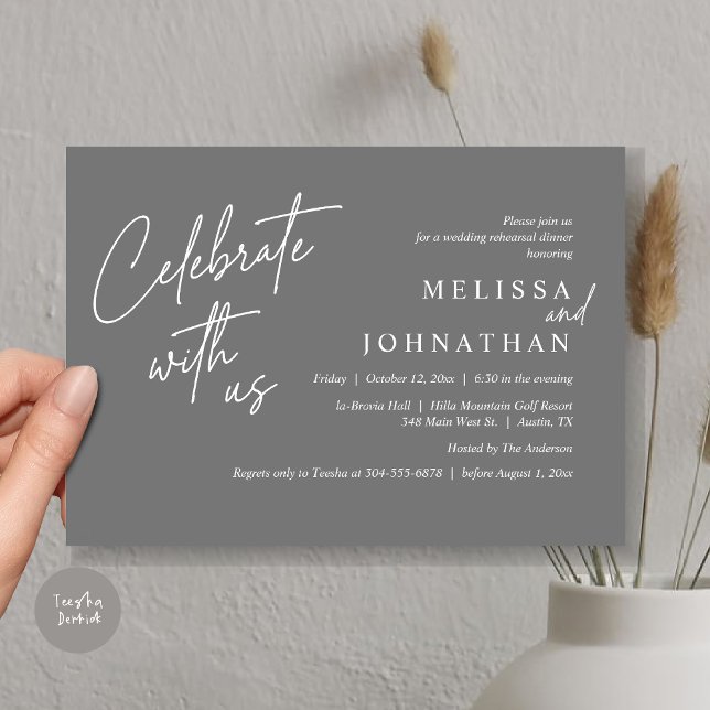 Convites Celebrar conosco, Janto moderno de ensaio de casam (Celebrate with us, Modern Wedding Rehearsal Dinner Invitation Card, PDF, in Dark Grey)