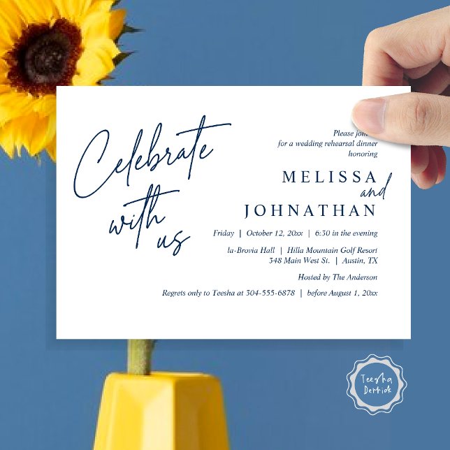 Convites Celebrar conosco, Janto moderno de ensaio de casam (Celebrate with us, Modern Wedding Rehearsal Dinner Invitation Card, PDF, in Navy Blue)