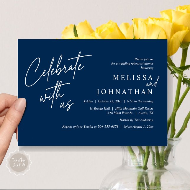 Convites Celebrar conosco, Janto moderno de ensaio de casam (Celebrate with us, Modern Wedding Rehearsal Dinner Invitation Card, PDF, in Navy Blue)