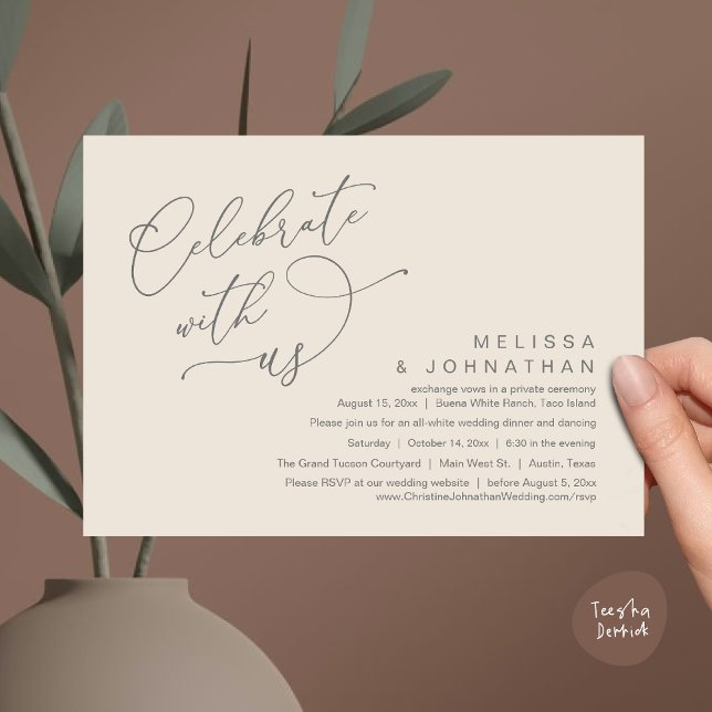 Convites Celebrar conosco, Janto Romântico de Casamento (Celebrate With Us, Romantic Wedding Dinner Party Lunch Brunch Invitation Card PDF Cream Grey)