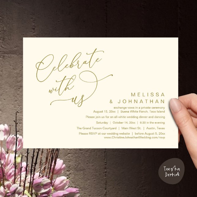 Convites Celebrar conosco, Janto Romântico de Casamento (Celebrate With Us, Romantic Wedding Dinner Party Lunch Brunch Invitation Card PDF Yellow Gold)