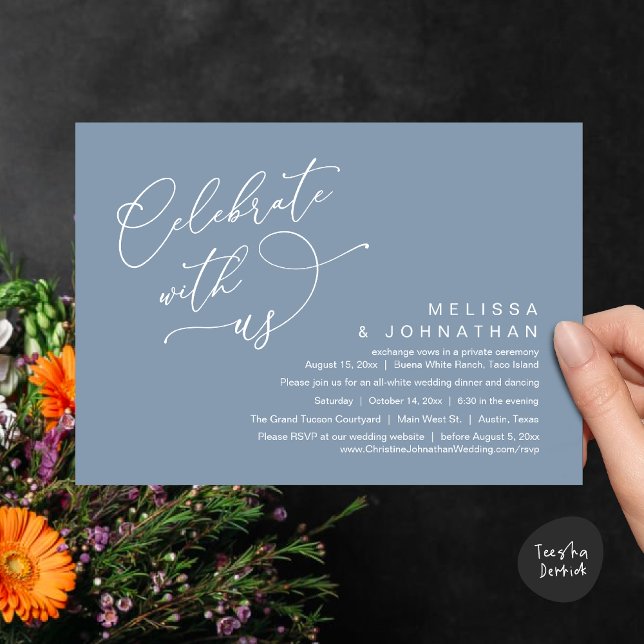 Convites Celebrar conosco, Janto Romântico de Casamento (Celebrate With Us, Romantic Wedding Dinner Party Lunch Brunch Invitation Card PDF Dusty Blue)
