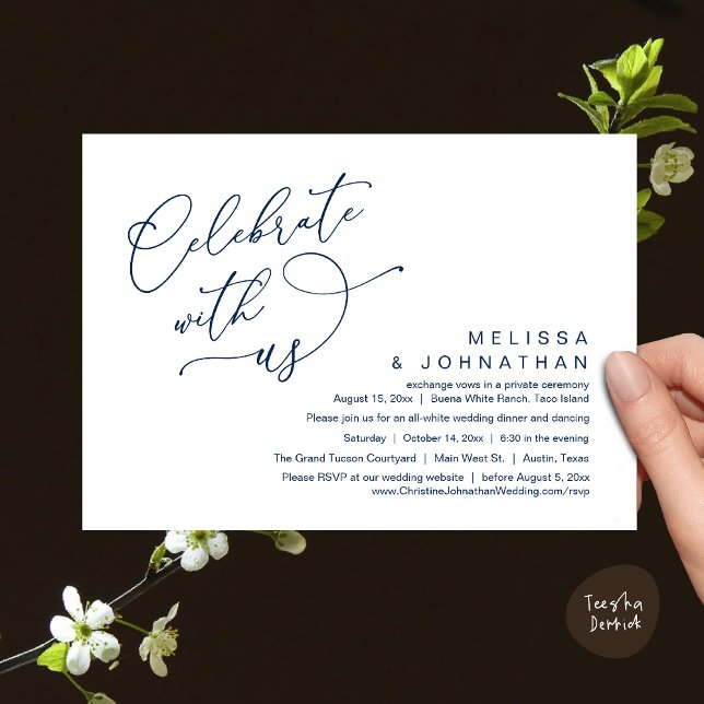 Convites Celebrar conosco, Janto Romântico de Casamento (Celebrate With Us, Romantic Wedding Dinner Party Lunch Brunch Invitation Card PDF Classy Navy Blue)