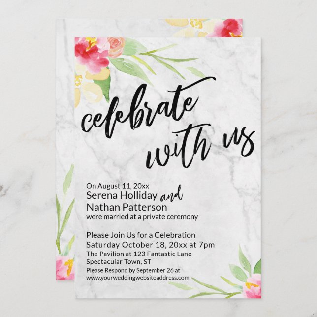 Convites Celebrar conosco o Mole Marble e as Flores de Aqua (Frente/Verso)