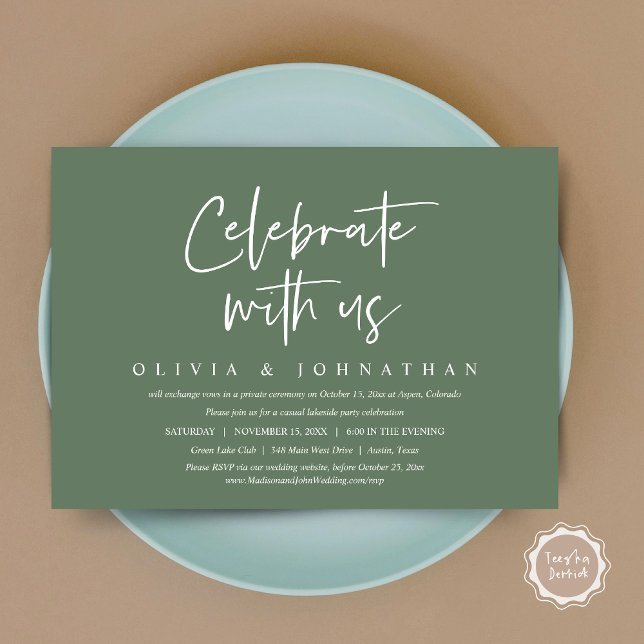Convites Celebrar conosco, Partido do Elopemento Casual de  (Celebrate With Us, Wedding Elopement Brunch, Lunch, Dinner Party Invitation Card, PDF, Sage Green)