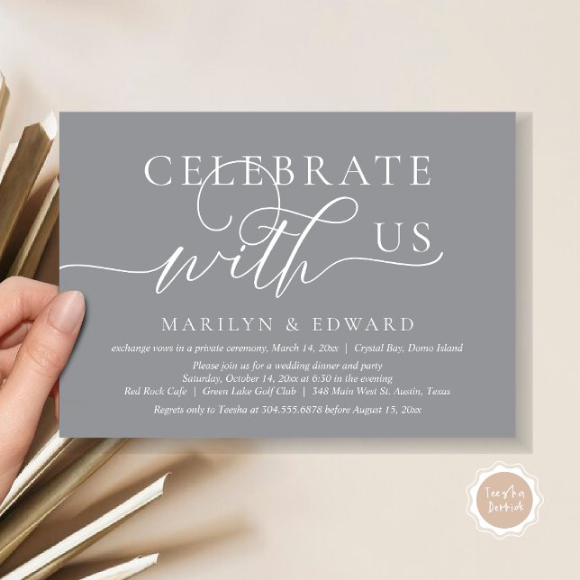 Convites Celebrar conosco, Partido do Elopemento de Casamen (Celebrate with us, Wedding Elopement Party Invitation Card, PDF, Modern Elegant, in Dark Grey)