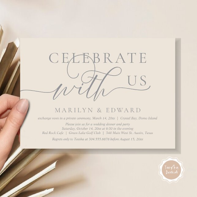 Convites Celebrar conosco, Partido do Elopemento de Casamen (Celebrate with us, Wedding Elopement Party Invitation Card, PDF, Modern Elegant, in Grey and Cream)