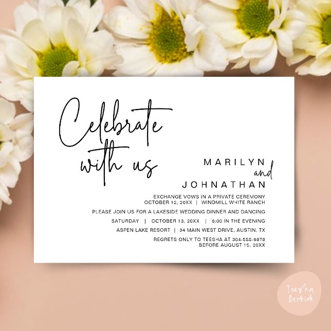 Convites Celebrar conosco, Partido do Elopemento de Casamen (Celebrate with us, Post Wedding Elopement Party Dinner Brunch Lunch Invitation Card PDF Black White)
