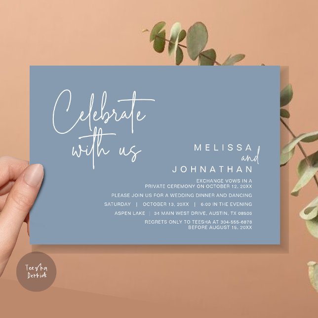 Convites Celebrar conosco, Partido do Elopemento de Casamen (Celebrate with us, Post Wedding Elopement Dinner Party Invitation Card, PDF, in Dusty Blue)