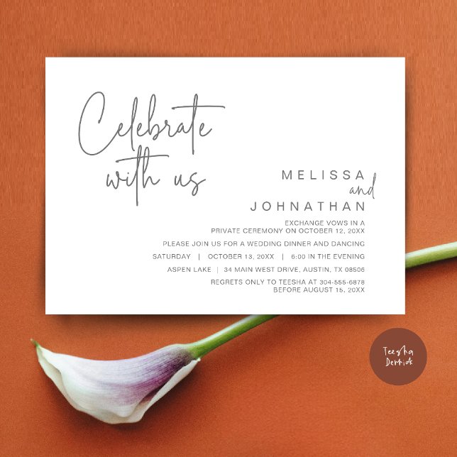 Convites Celebrar conosco, Partido do Elopemento de Casamen (Celebrate with us, Post Wedding Elopement Dinner Party Invitation Card, PDF, in Dark Grey)