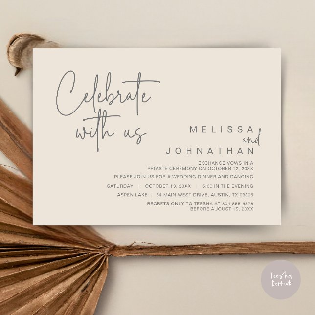 Convites Celebrar conosco, Partido do Janto de Elopemento d (Celebrate With Us, Wedding Elopement Dinner Invitation Card, PDF, in Cream Grey)