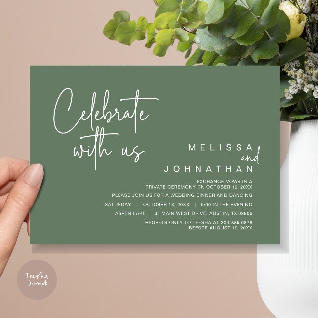 Convites Celebrar conosco, Partido do Janto de Elopemento d (Celebrate With Us, Wedding Elopement Dinner Invitation Card, PDF, in Sage Green)