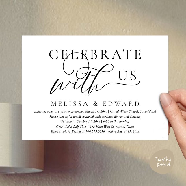 Convites Celebrar conosco, Partido do Janto de Elopemento d (Celebrate with us, Wedding Elopement Dinner Party Lunch Brunch Invitation Card PDF Black White)